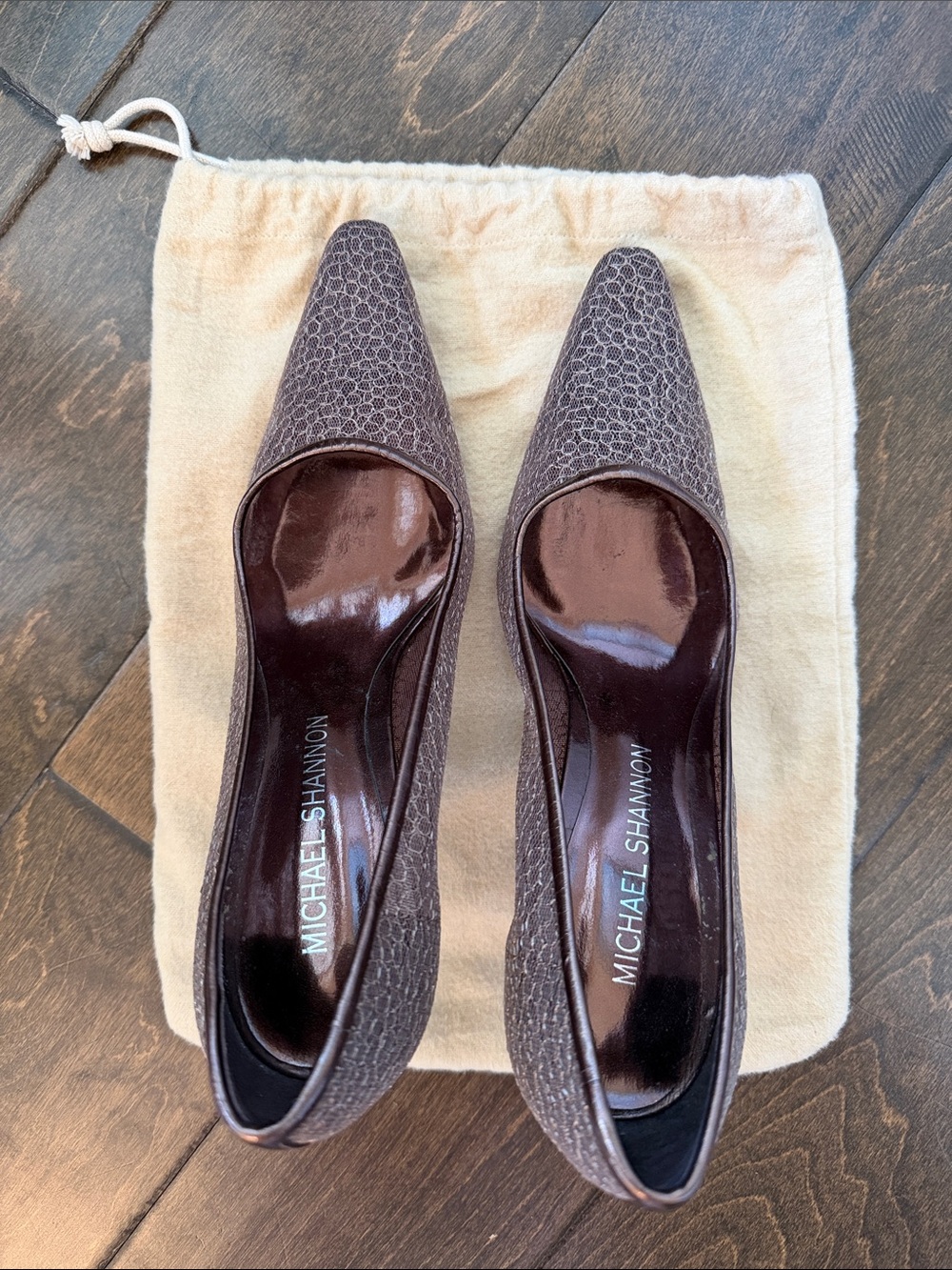 Michael Shannon Dark Brown Textured Pointed-Toe Pumps